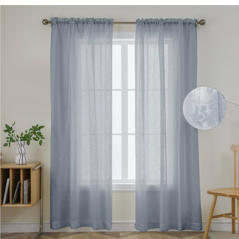 Joydeco Grey Sheer Curtains 84 Inch Length 2 Panels Set, Rod Pocket Linen